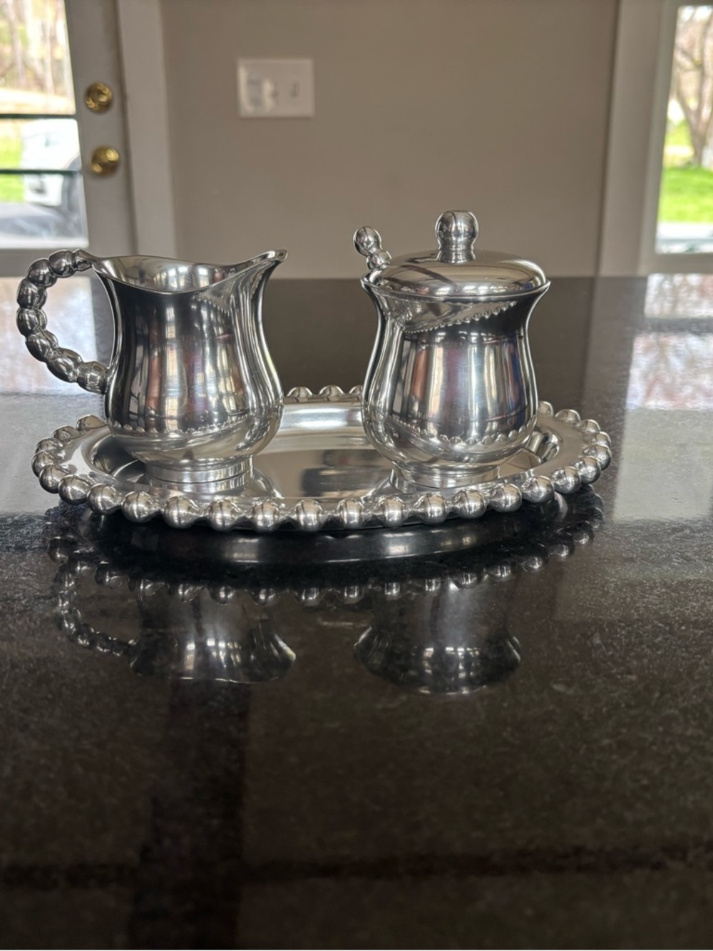 Silver Plated Creamer and Sugar Set with Beaded Tray